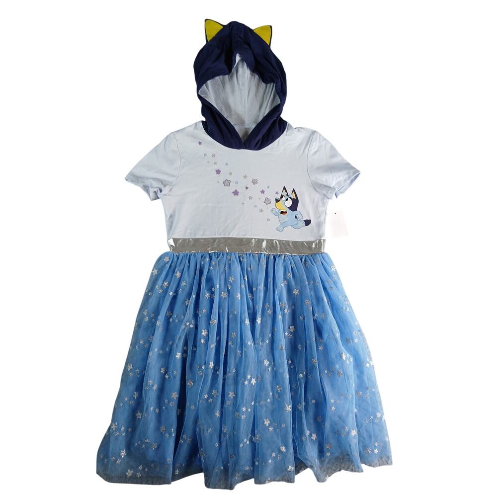 Bluey Dress Girls Large (10-12) Blue Shirt Twirl Tulle Skirt Hood with Ears NWT